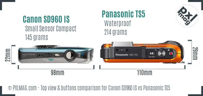 Canon SD960 IS vs Panasonic TS5 top view buttons comparison