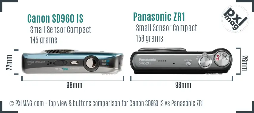 Canon SD960 IS vs Panasonic ZR1 top view buttons comparison