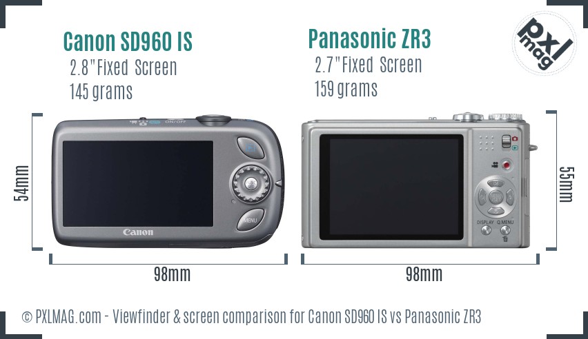 Canon SD960 IS vs Panasonic ZR3 Screen and Viewfinder comparison