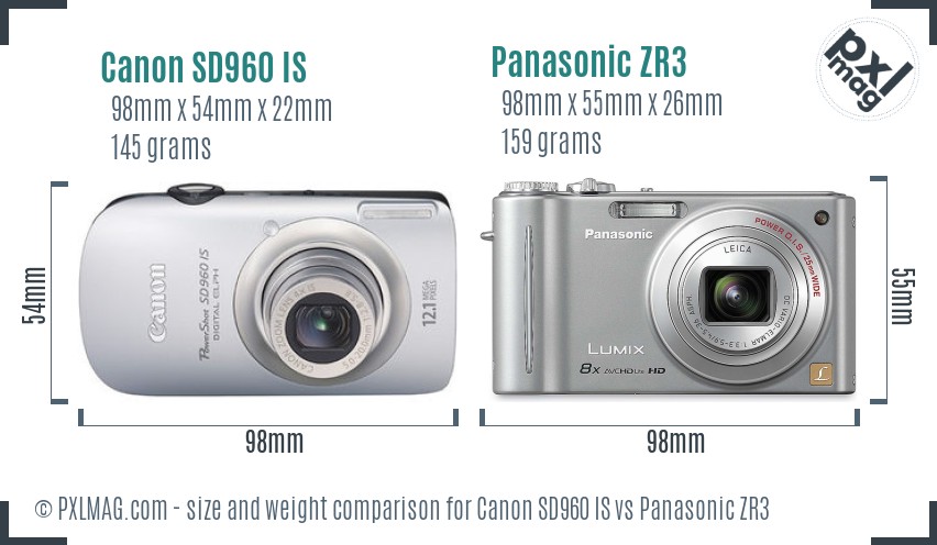 Canon SD960 IS vs Panasonic ZR3 size comparison Canon SD960 IS vs Panasonic ZR3 size comparison