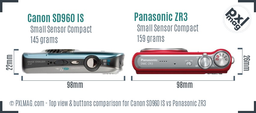Canon SD960 IS vs Panasonic ZR3 top view buttons comparison