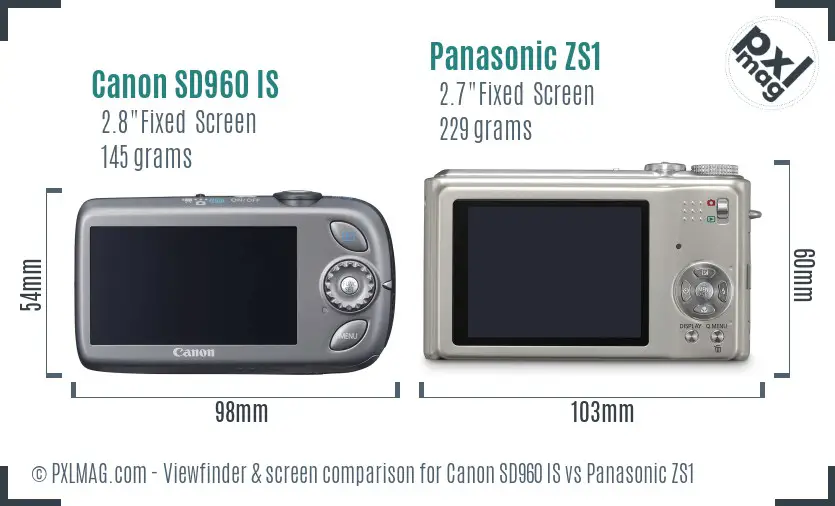 Canon SD960 IS vs Panasonic ZS1 Screen and Viewfinder comparison