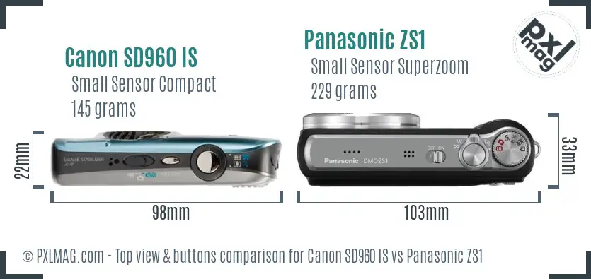 Canon SD960 IS vs Panasonic ZS1 top view buttons comparison