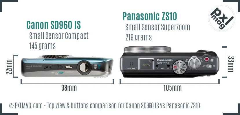 Canon SD960 IS vs Panasonic ZS10 top view buttons comparison