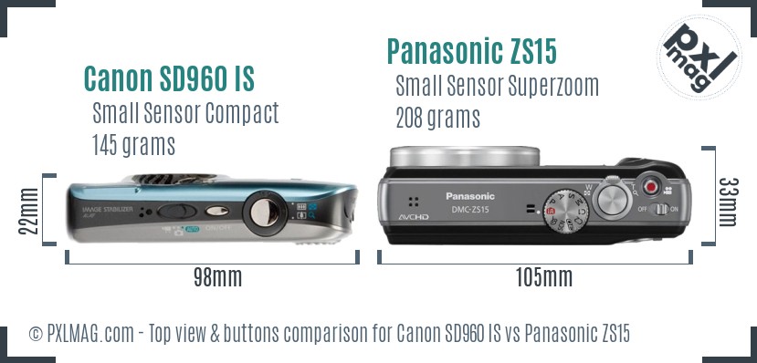 Canon SD960 IS vs Panasonic ZS15 top view buttons comparison