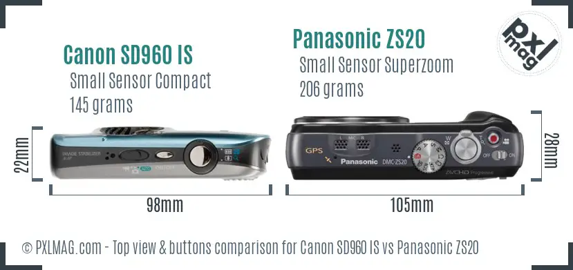 Canon SD960 IS vs Panasonic ZS20 top view buttons comparison