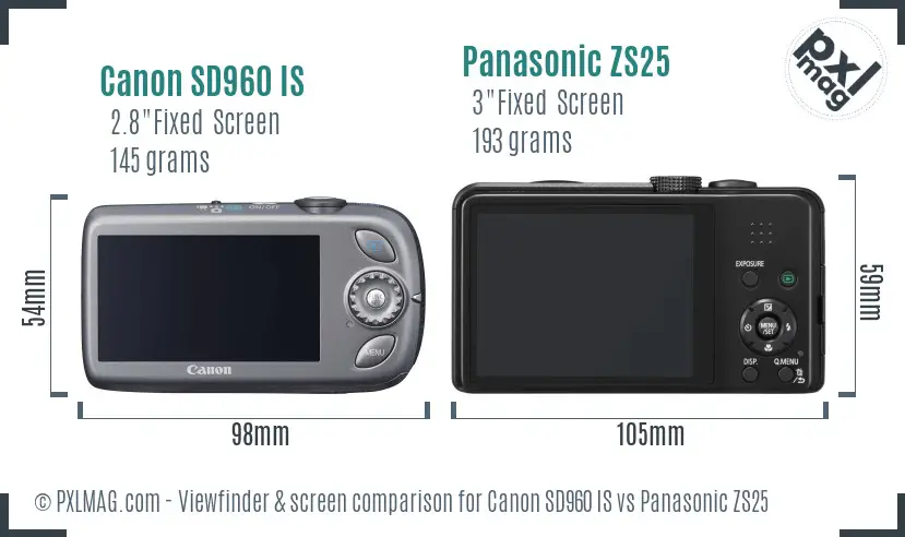 Canon SD960 IS vs Panasonic ZS25 Screen and Viewfinder comparison