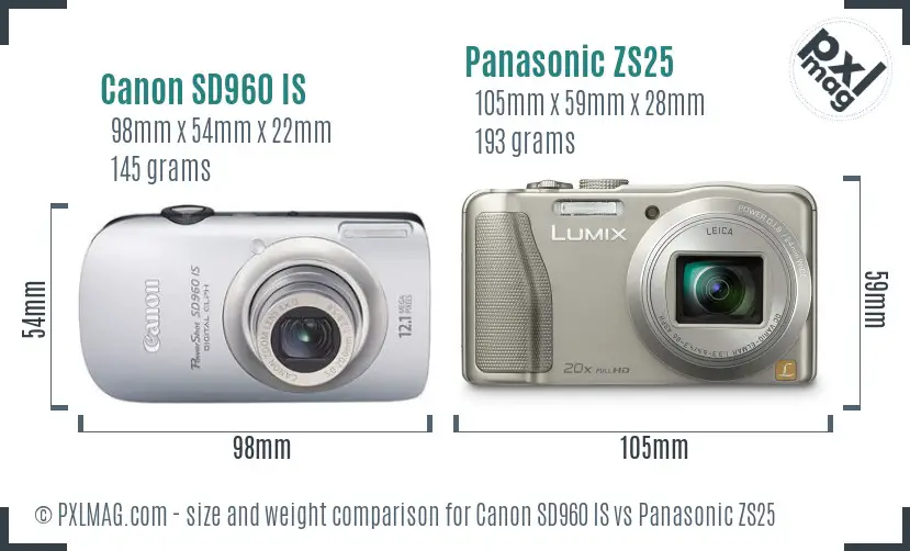 Canon SD960 IS vs Panasonic ZS25 size comparison