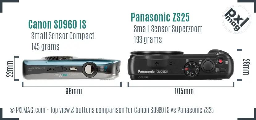 Canon SD960 IS vs Panasonic ZS25 top view buttons comparison
