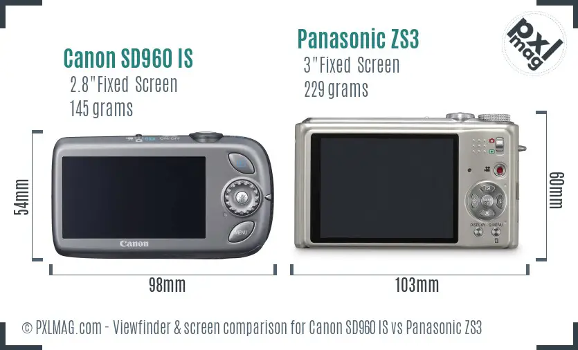 Canon SD960 IS vs Panasonic ZS3 Screen and Viewfinder comparison