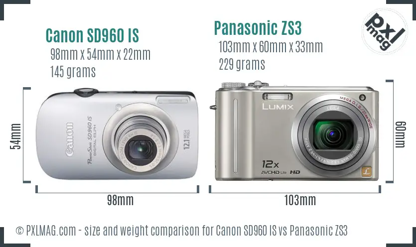 Canon SD960 IS vs Panasonic ZS3 size comparison