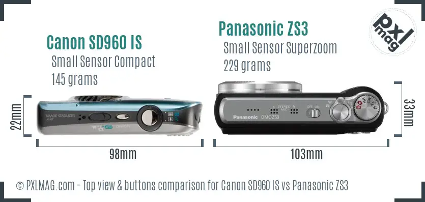 Canon SD960 IS vs Panasonic ZS3 top view buttons comparison