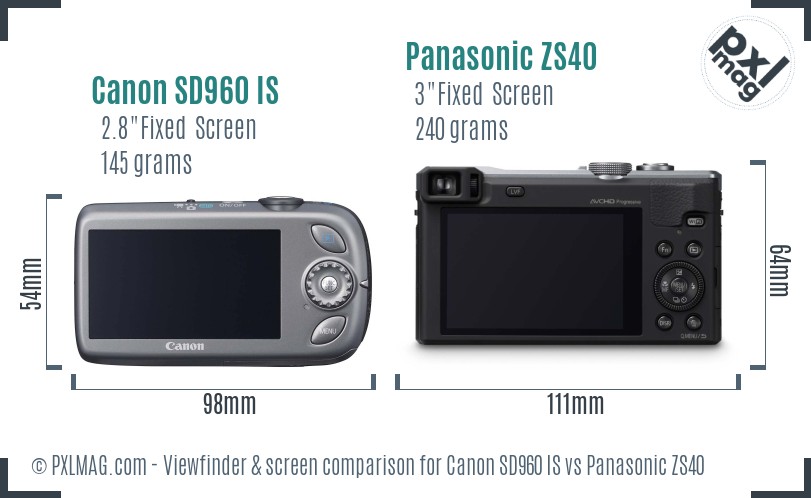 Canon SD960 IS vs Panasonic ZS40 Screen and Viewfinder comparison