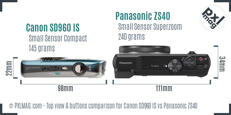 Canon SD960 IS vs Panasonic ZS40 top view buttons comparison