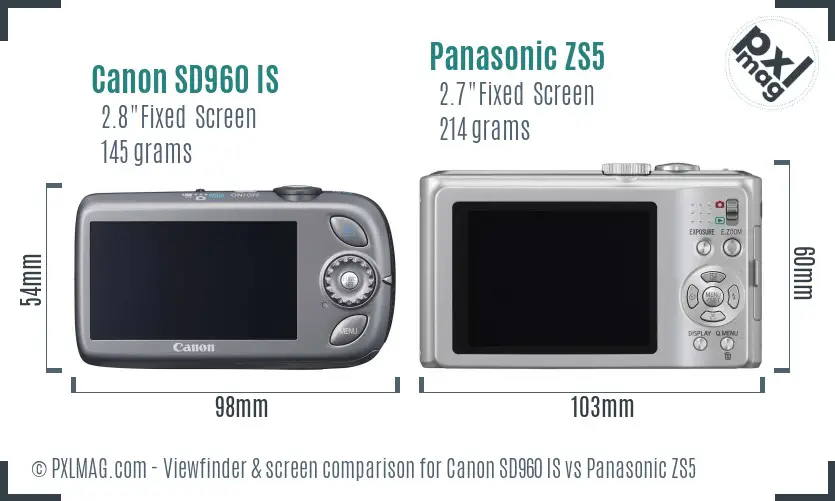 Canon SD960 IS vs Panasonic ZS5 Screen and Viewfinder comparison