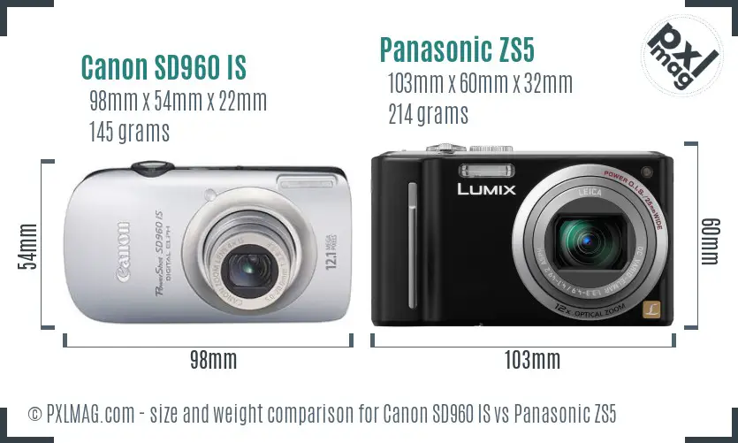 Canon SD960 IS vs Panasonic ZS5 size comparison