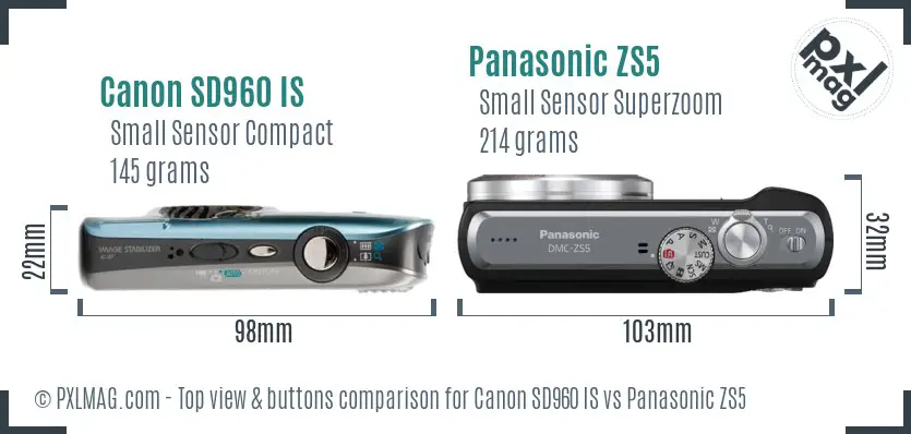 Canon SD960 IS vs Panasonic ZS5 top view buttons comparison