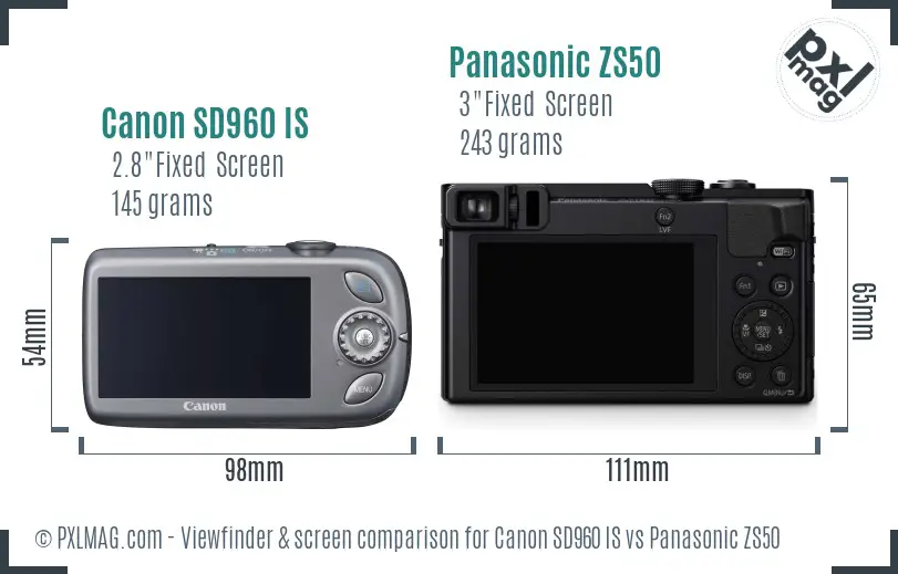 Canon SD960 IS vs Panasonic ZS50 Screen and Viewfinder comparison