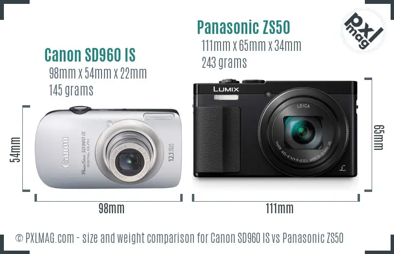 Canon SD960 IS vs Panasonic ZS50 size comparison