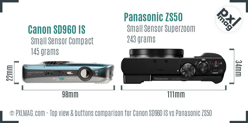 Canon SD960 IS vs Panasonic ZS50 top view buttons comparison