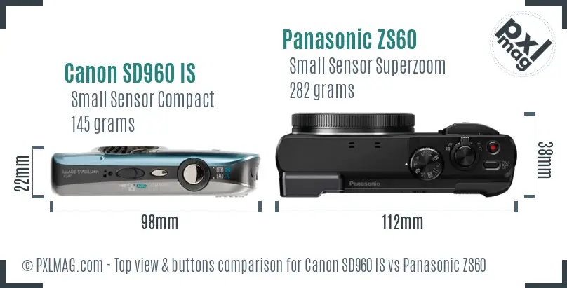 Canon SD960 IS vs Panasonic ZS60 top view buttons comparison