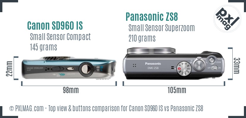 Canon SD960 IS vs Panasonic ZS8 top view buttons comparison