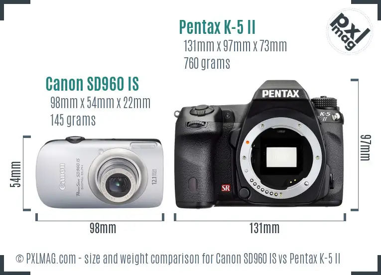 Canon SD960 IS vs Pentax K-5 II size comparison