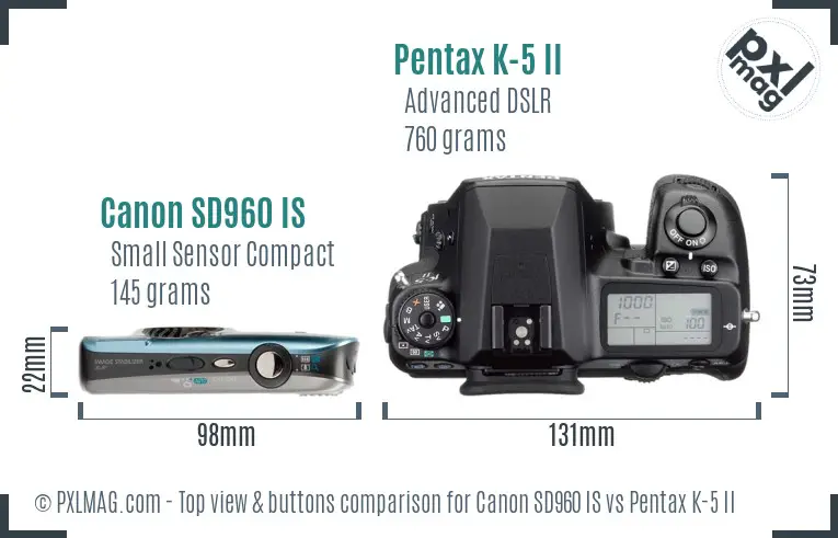 Canon SD960 IS vs Pentax K-5 II top view buttons comparison