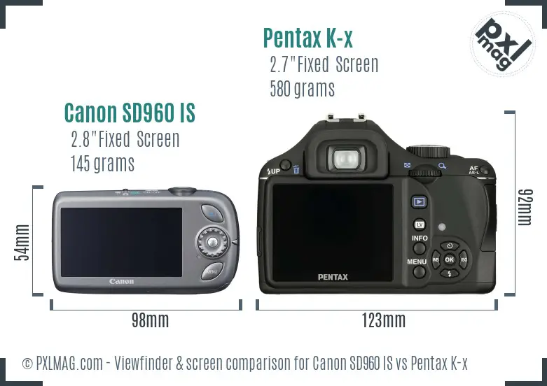 Canon SD960 IS vs Pentax K-x Screen and Viewfinder comparison
