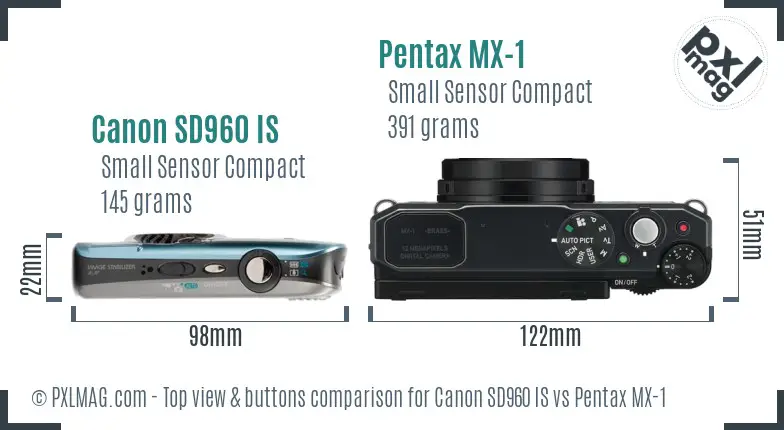 Canon SD960 IS vs Pentax MX-1 top view buttons comparison