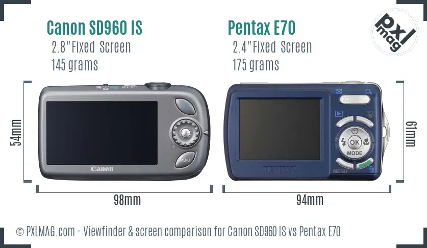 Canon SD960 IS vs Pentax E70 Screen and Viewfinder comparison