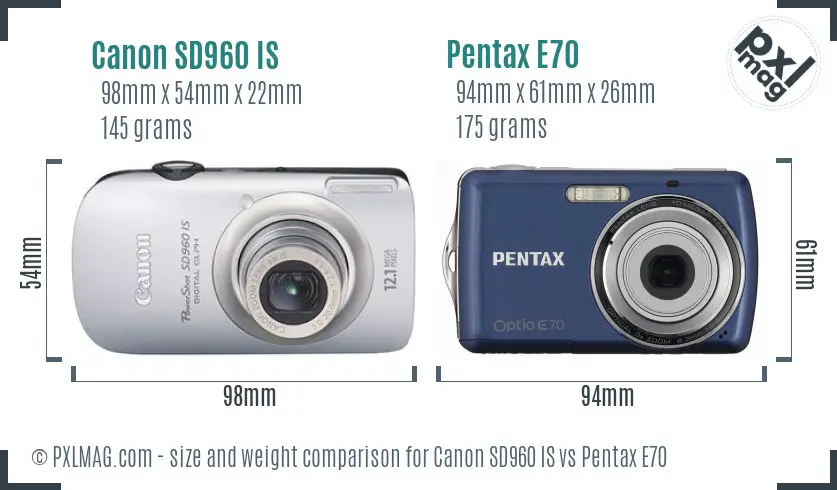 Canon SD960 IS vs Pentax E70 size comparison