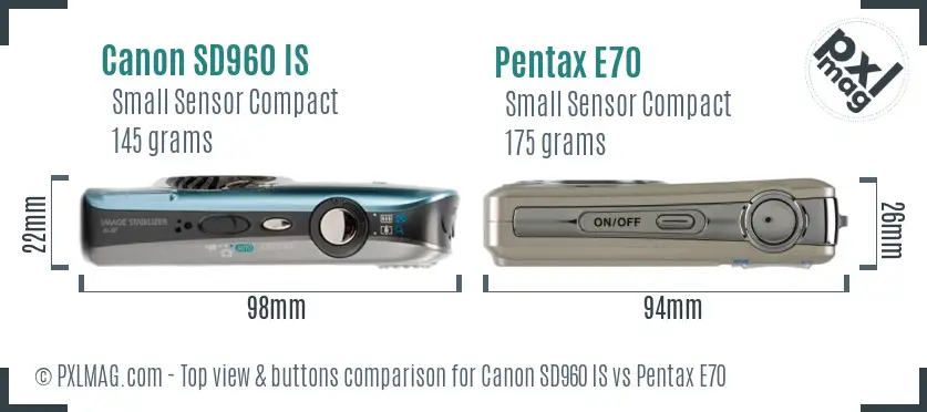 Canon SD960 IS vs Pentax E70 top view buttons comparison