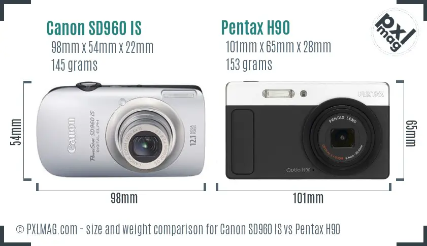 Canon SD960 IS vs Pentax H90 size comparison