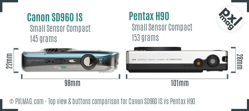 Canon SD960 IS vs Pentax H90 top view buttons comparison