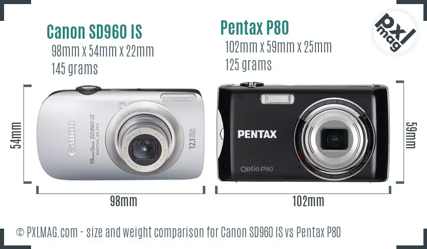 Canon SD960 IS vs Pentax P80 size comparison