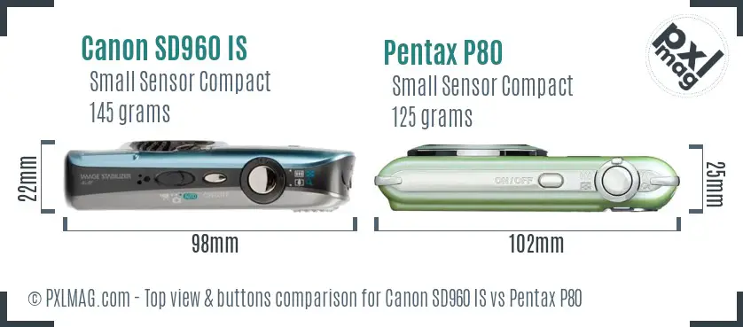 Canon SD960 IS vs Pentax P80 top view buttons comparison