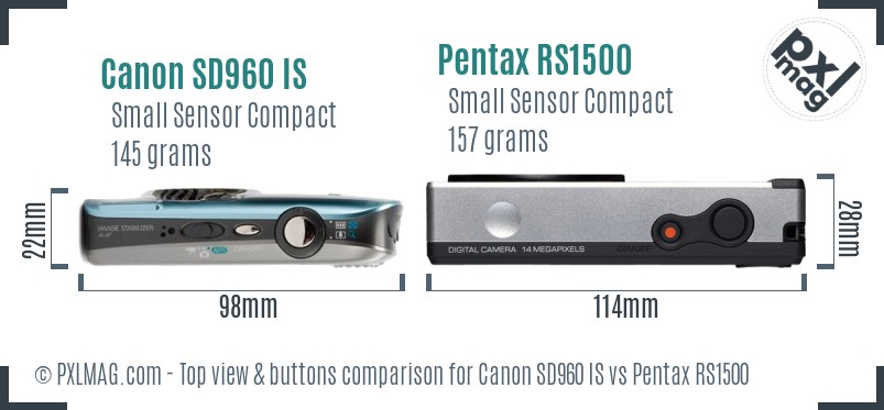 Canon SD960 IS vs Pentax RS1500 top view buttons comparison