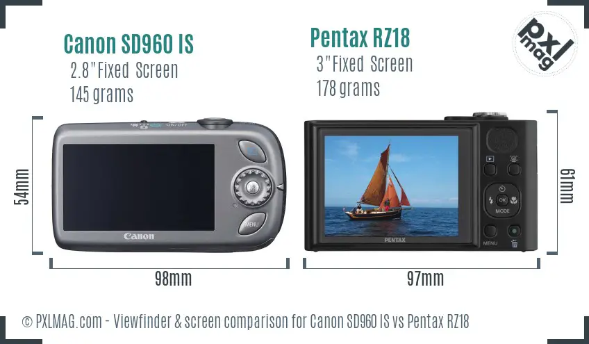 Canon SD960 IS vs Pentax RZ18 Screen and Viewfinder comparison