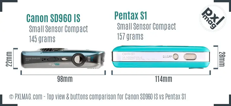 Canon SD960 IS vs Pentax S1 top view buttons comparison