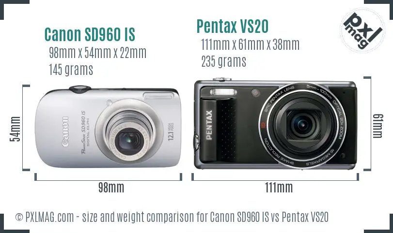 Canon SD960 IS vs Pentax VS20 size comparison