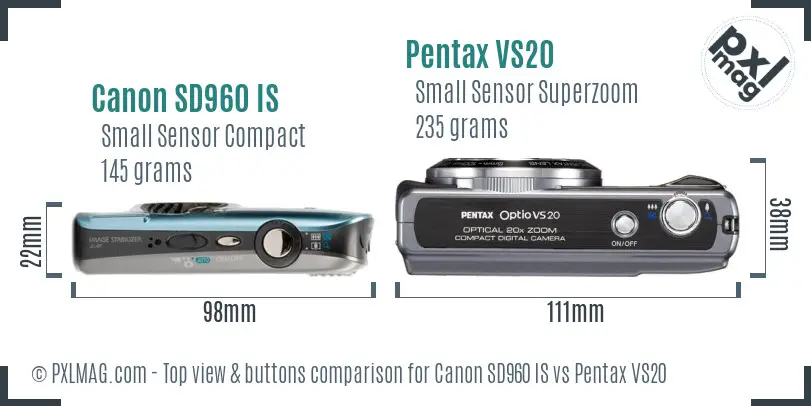 Canon SD960 IS vs Pentax VS20 top view buttons comparison
