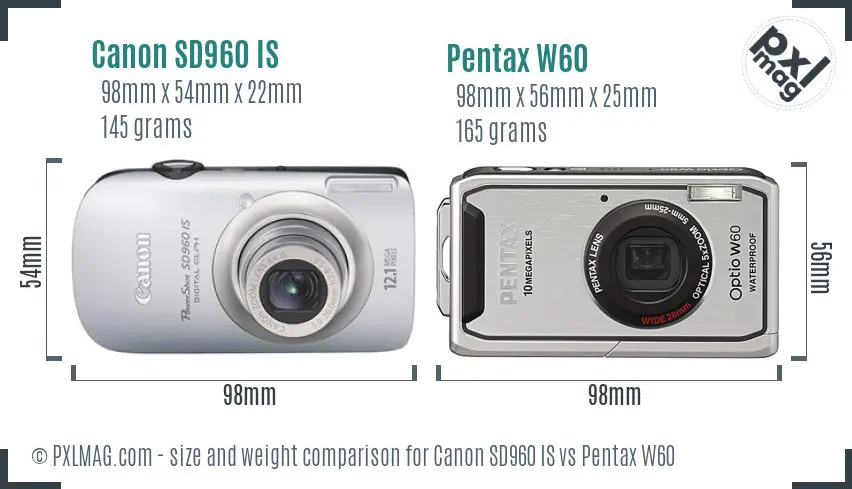 Canon SD960 IS vs Pentax W60 size comparison