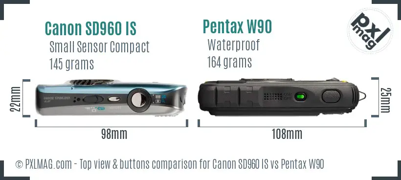 Canon SD960 IS vs Pentax W90 top view buttons comparison Canon SD960 IS vs Pentax W90 top view buttons comparison