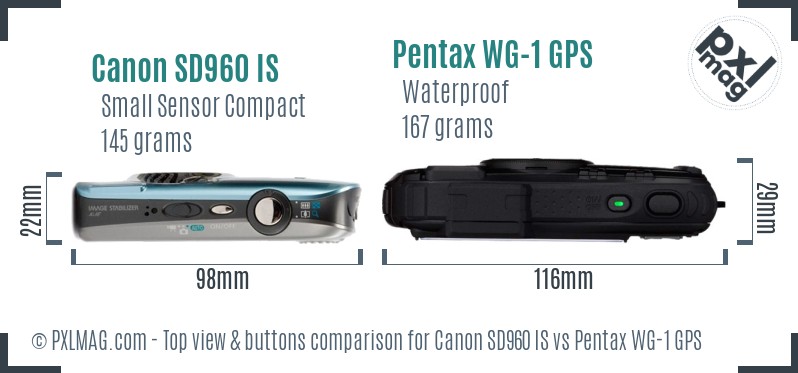 Canon SD960 IS vs Pentax WG-1 GPS top view buttons comparison