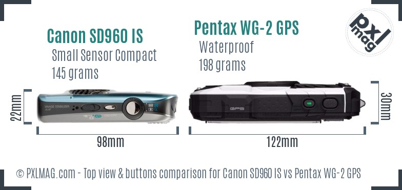 Canon SD960 IS vs Pentax WG-2 GPS top view buttons comparison