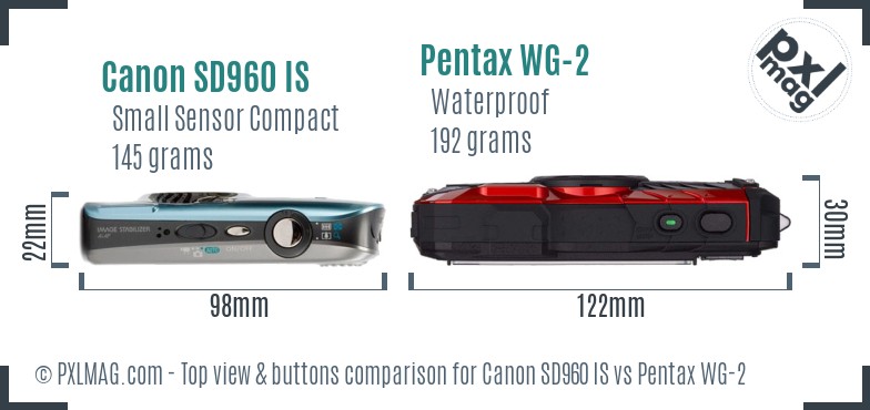 Canon SD960 IS vs Pentax WG-2 top view buttons comparison