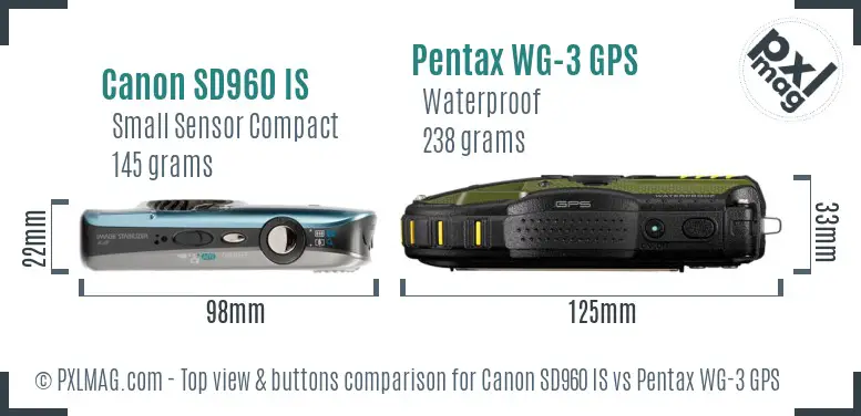 Canon SD960 IS vs Pentax WG-3 GPS top view buttons comparison