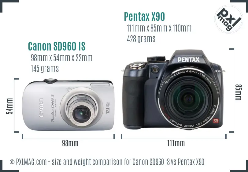 Canon SD960 IS vs Pentax X90 size comparison