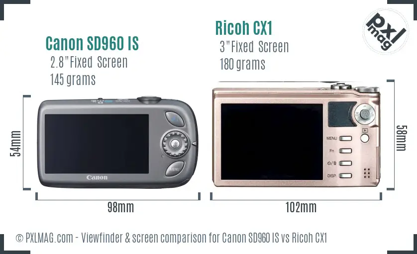 Canon SD960 IS vs Ricoh CX1 Screen and Viewfinder comparison
